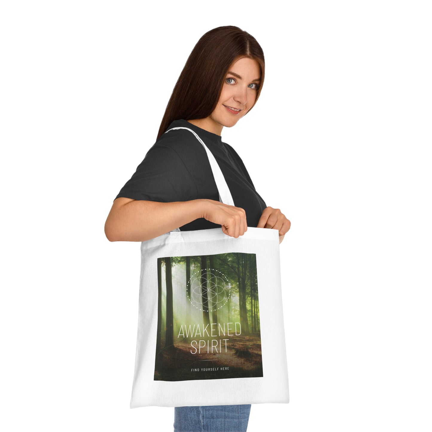 Awakened Spirit Cotton Tote — Spiritual Forest Design with “We’re All Just Walking Each Other Home” Quote