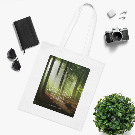 Awakened Spirit Cotton Tote — Spiritual Forest Design with “We’re All Just Walking Each Other Home” Quote